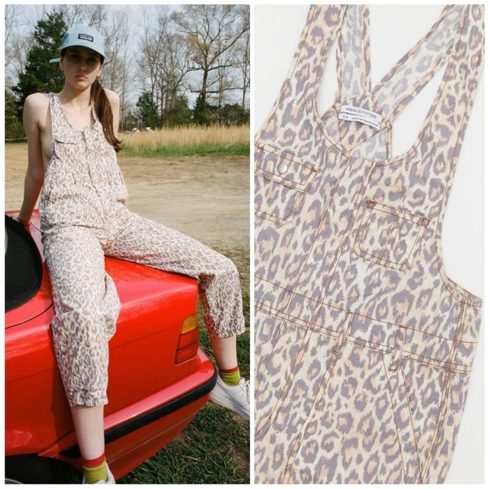 Urban Outfitters Beige Leopard-Print Romper Jumpsuit